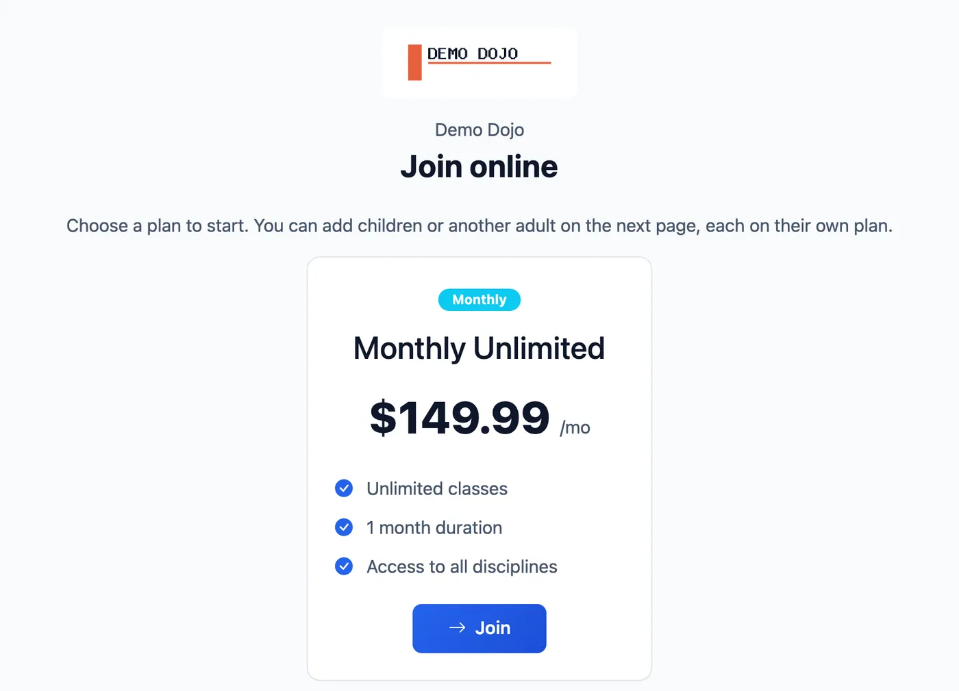 A school's public join page, offering the Monthly Unlimited plan at $149.99 a month with a Join button.