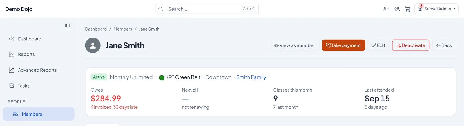 A member's page in MyMemberForge: Jane Smith, active on Monthly Unlimited, owes $284.99 across four invoices, with a Take payment button beside her name.