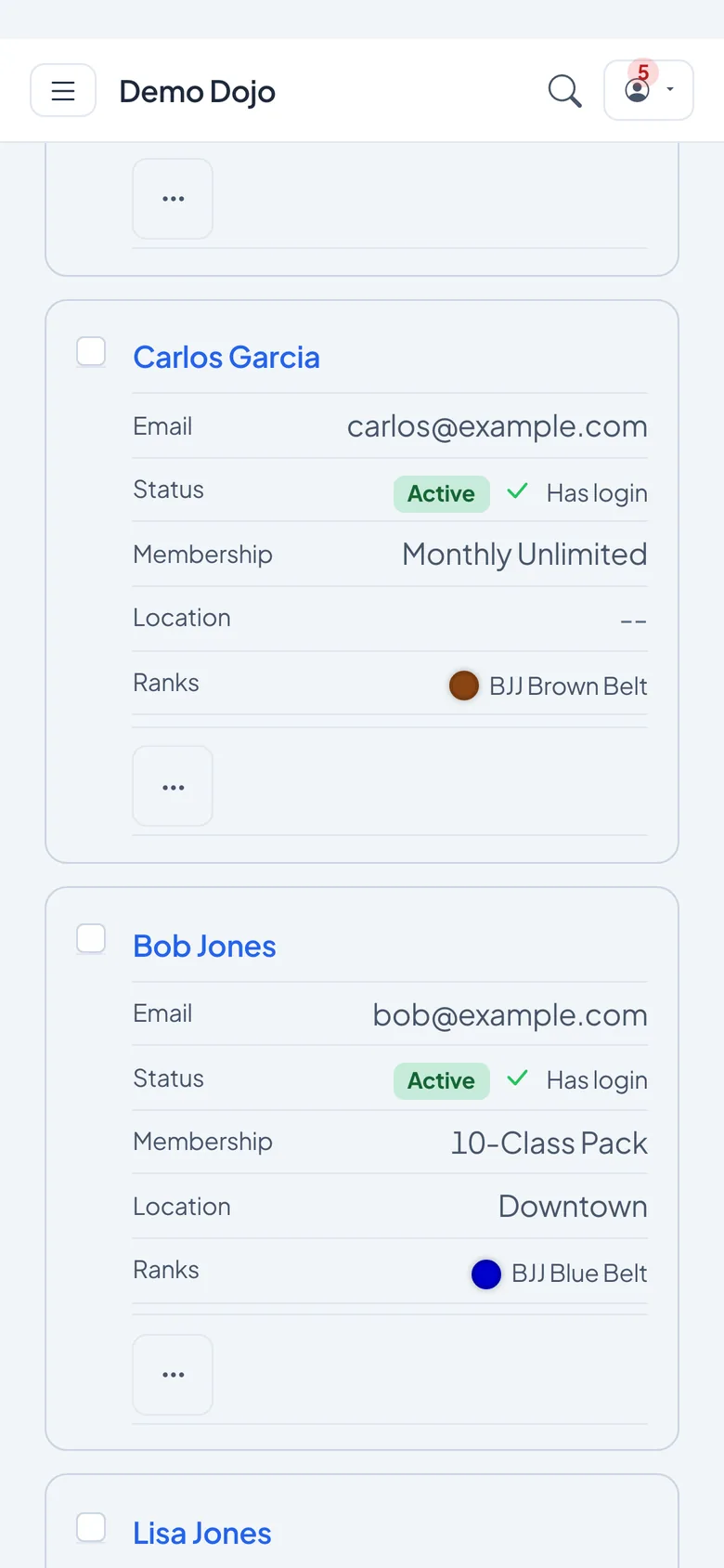 The members list on a phone: each member is a card showing their email, status, membership and belt.