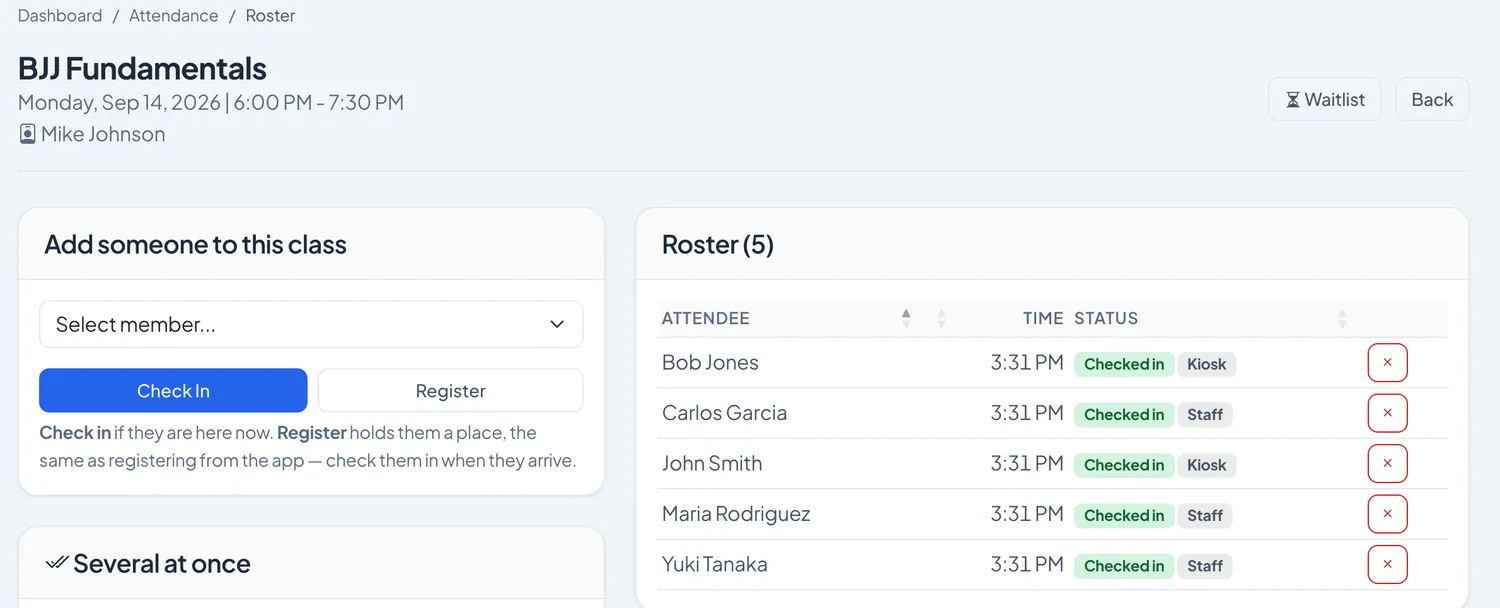 A class roster: five members checked in to BJJ Fundamentals, each marked as checked in at the kiosk or by staff.